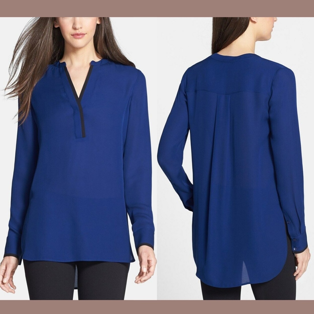 NWT Vince Tipped Contrast‎ Long Sleeve Blouse Top in RIB Blue [SZ 10 ]